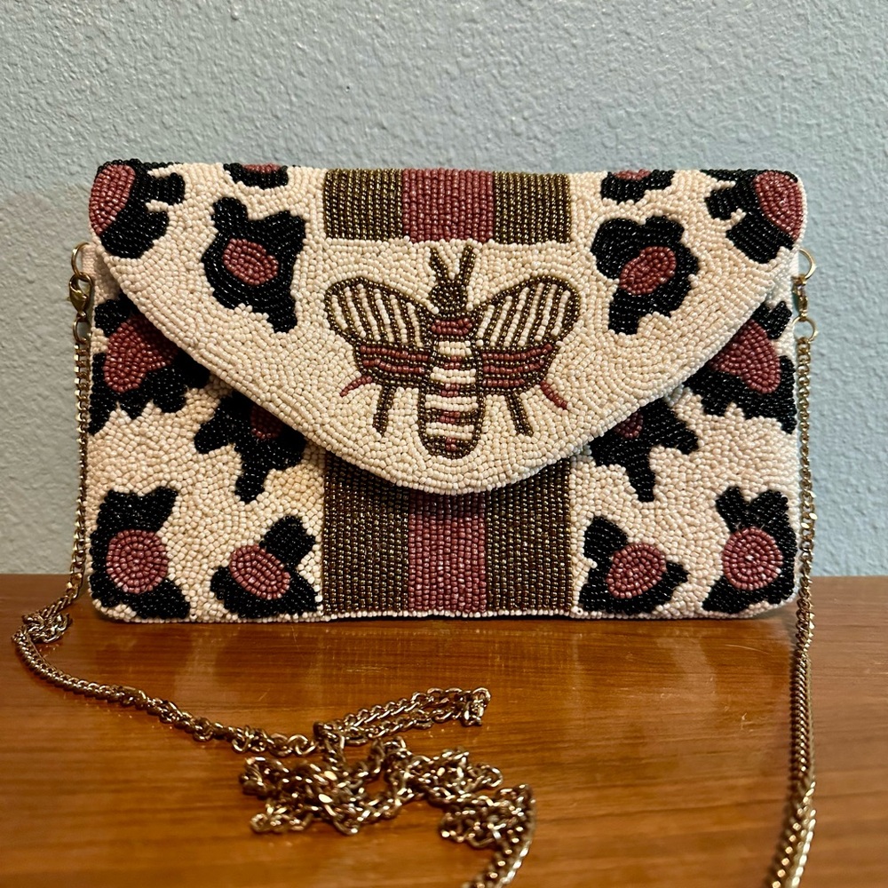 Beaded leopard print Bee Design Crossbody Bag